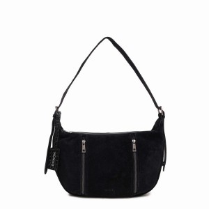 Women's Núnoo Small Stella Zipper Suede Shoulder Bags Black | KNS6020WL