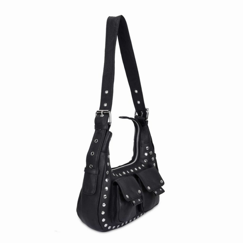 Women's Núnoo Sally Small Rivet Smooth Shoulder Bags Black | VKH6854NR