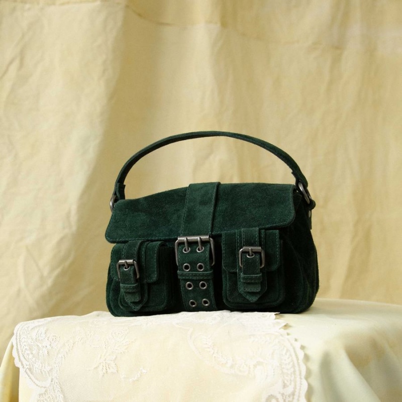 Women's Núnoo Small Honey Buckle Suede Shoulder Bags Dark Green | ERK4480AZ