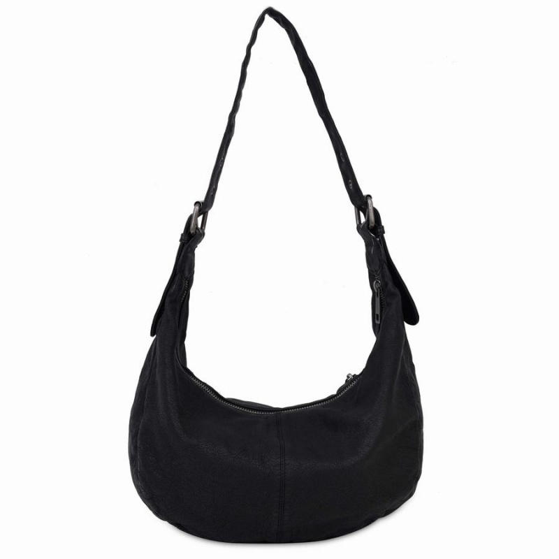 Women's Núnoo Small Stella Zipper Washed Shoulder Bags Black | JUT2545YV